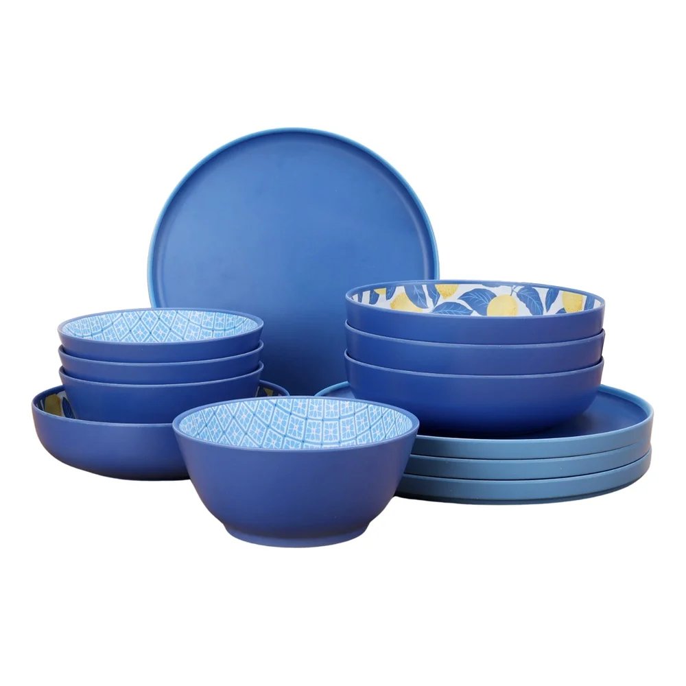 Bamboo Melamine 12-Piece Dinnerware Set Dishwasher Safe Service 4 Family Friendly Dining Plates Bowls Cereal Bowls Vibrant Table