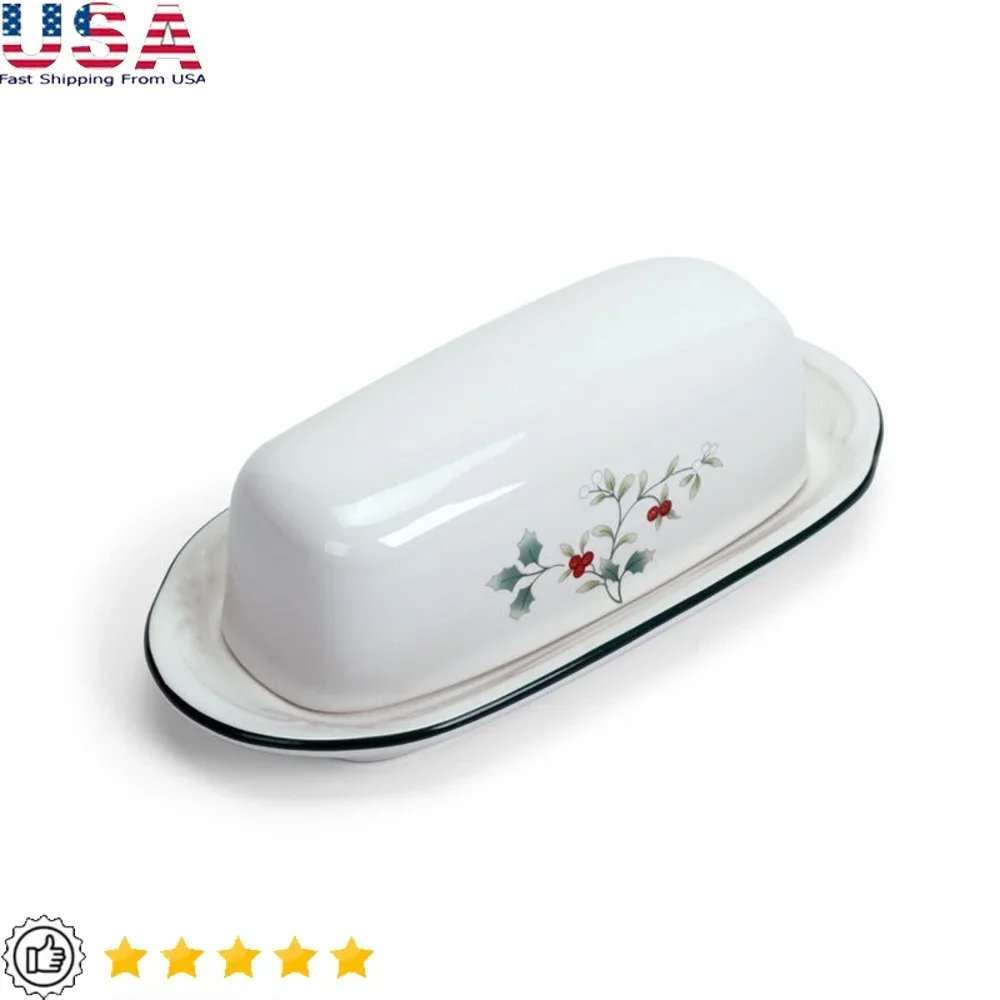Winterberry Butter Dish Covered Stoneware Festive Holiday Dinnerware Dishwasher Safe Embossed Design Christmas Table Serving