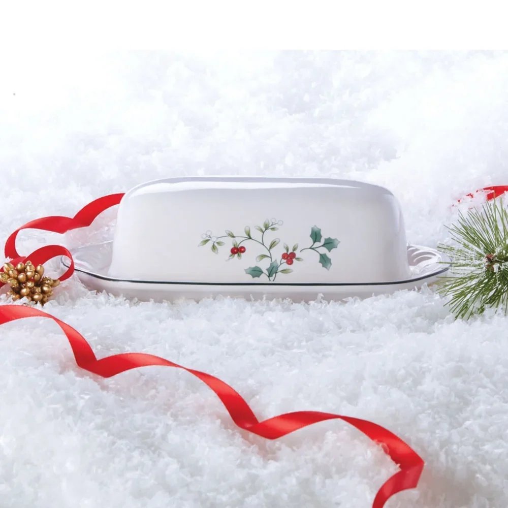 Winterberry Butter Dish Covered Stoneware Festive Holiday Dinnerware Dishwasher Safe Embossed Design Christmas Table Serving