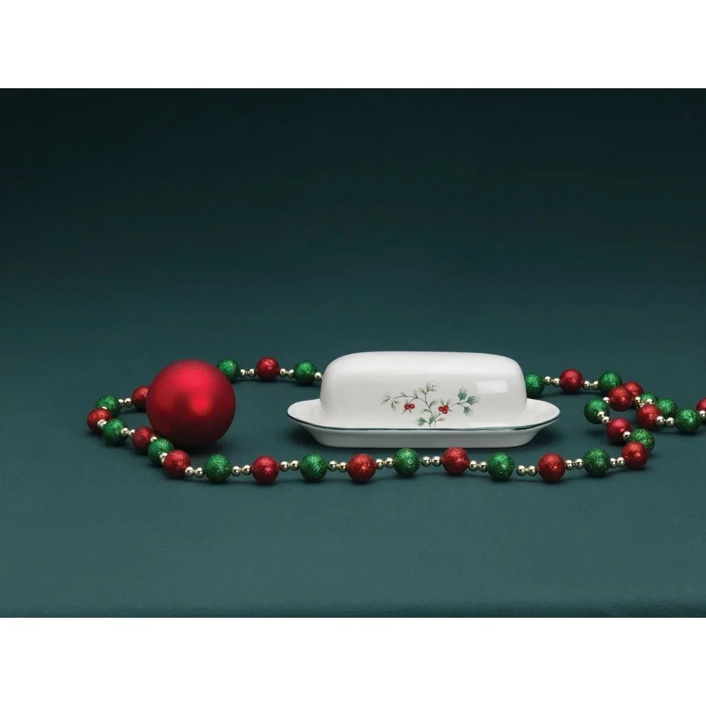 Winterberry Butter Dish Covered Stoneware Festive Holiday Dinnerware Dishwasher Safe Embossed Design Christmas Table Serving