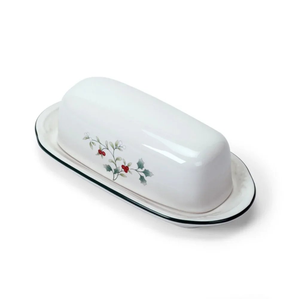 Winterberry Butter Dish Covered Stoneware Festive Holiday Dinnerware Dishwasher Safe Embossed Design Christmas Table Serving