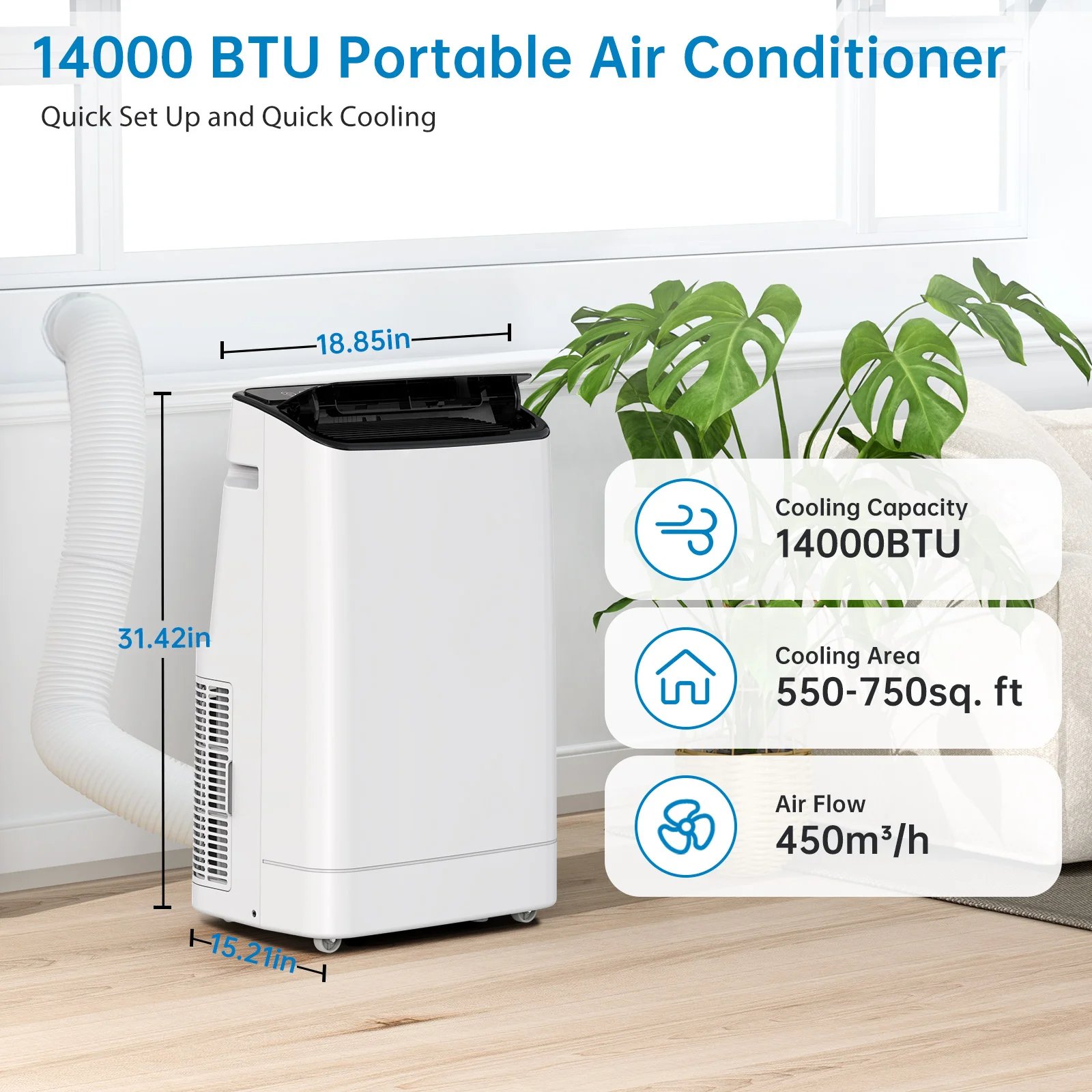 14000 BTU Portable Air Conditioner Cools Up to 750 Sq.Ft 3-in-1 Cooling/Dehumidifier/Fan Smart/Sleep Mode 24H Timer for Home