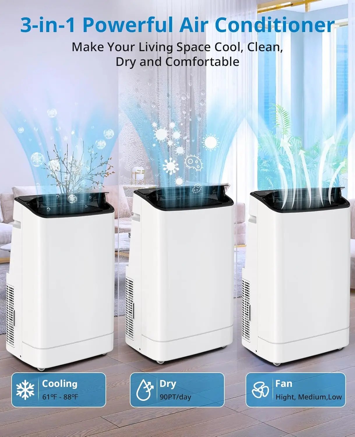 14000 BTU Portable Air Conditioner Cools Up to 750 Sq.Ft 3-in-1 Cooling/Dehumidifier/Fan Smart/Sleep Mode 24H Timer for Home