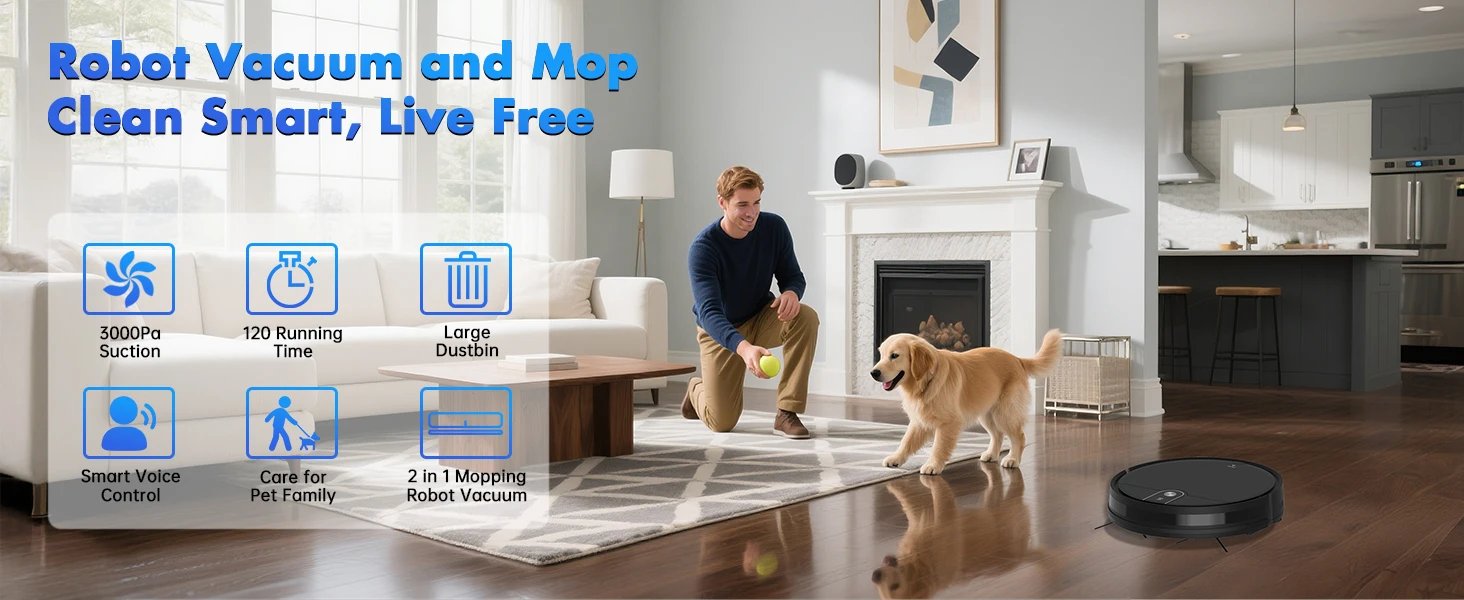 Saerke 3 in 1 Smart Sweeping Robot Vacuum Cleaner and Mop 3000Pa Strong Suction For Hard Floors Pet Hair Carpets Wifi APP Black