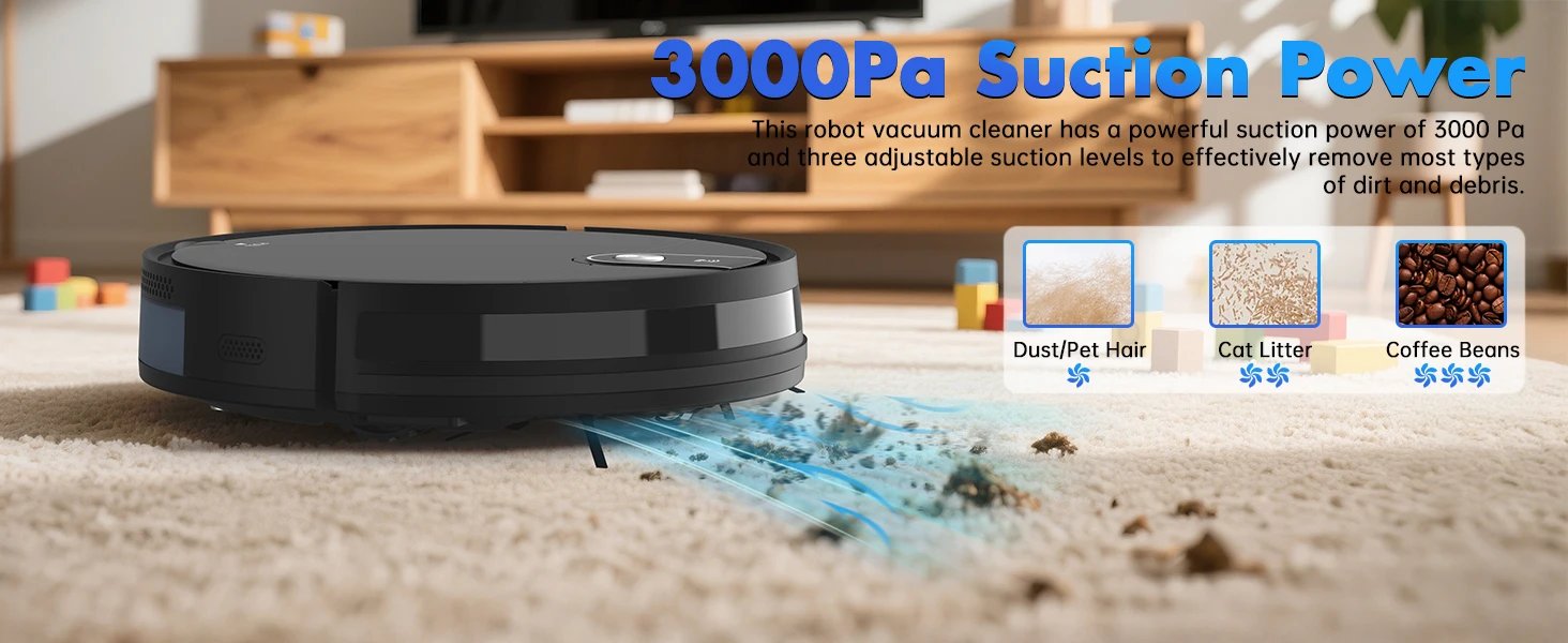 Saerke 3 in 1 Smart Sweeping Robot Vacuum Cleaner and Mop 3000Pa Strong Suction For Hard Floors Pet Hair Carpets Wifi APP Black