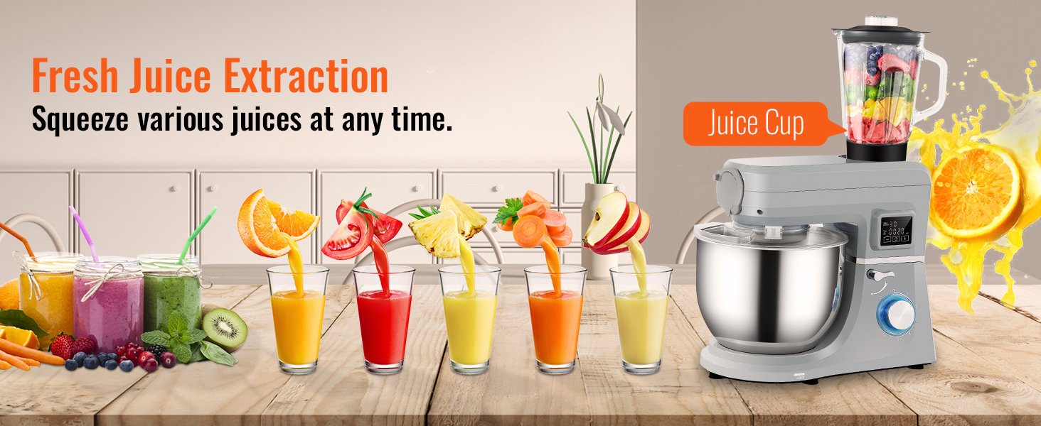 SucceBuy 5 IN 1 Stand Mixer Tilt-Head Multifunctional Electric w/ 6 Speeds LCD Screen Timing 7.4 Qt Stainless Bowl Dough Hook