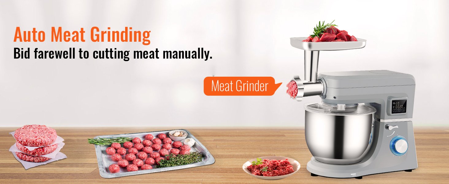 SucceBuy 5 IN 1 Stand Mixer Tilt-Head Multifunctional Electric w/ 6 Speeds LCD Screen Timing 7.4 Qt Stainless Bowl Dough Hook