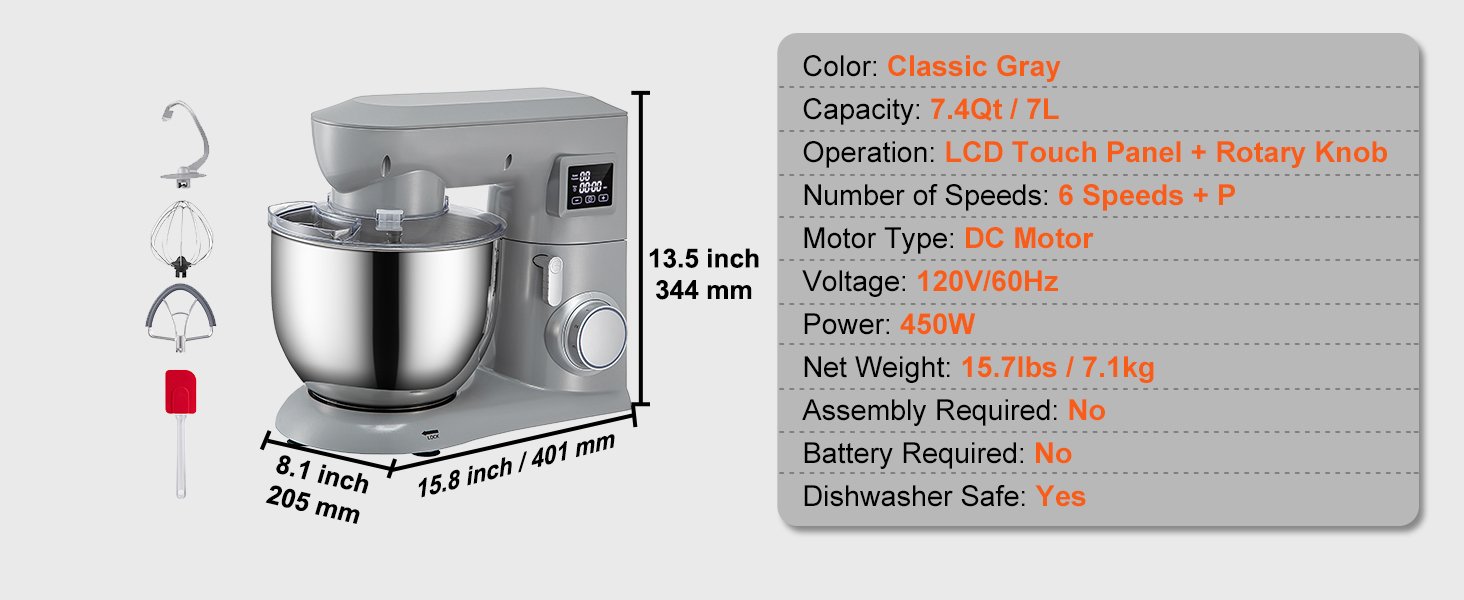SucceBuy 5 IN 1 Stand Mixer Tilt-Head Multifunctional Electric w/ 6 Speeds LCD Screen Timing 7.4 Qt Stainless Bowl Dough Hook