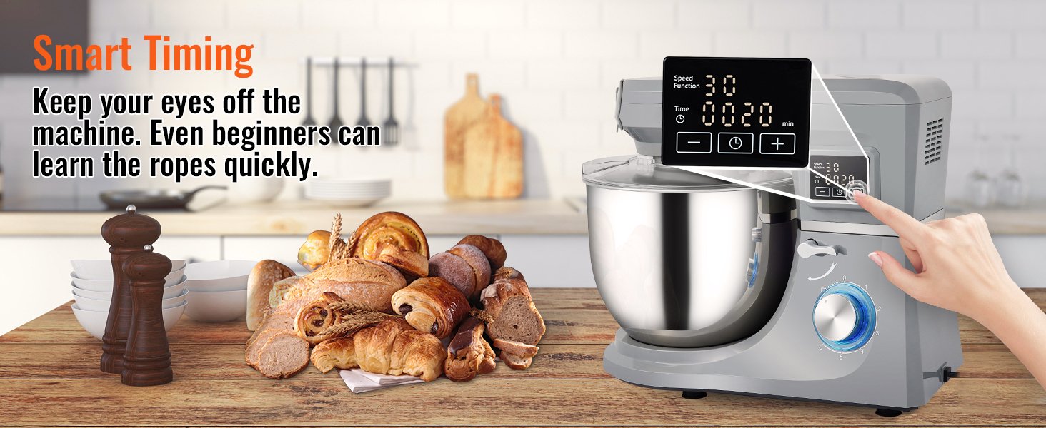 SucceBuy 5 IN 1 Stand Mixer Tilt-Head Multifunctional Electric w/ 6 Speeds LCD Screen Timing 7.4 Qt Stainless Bowl Dough Hook