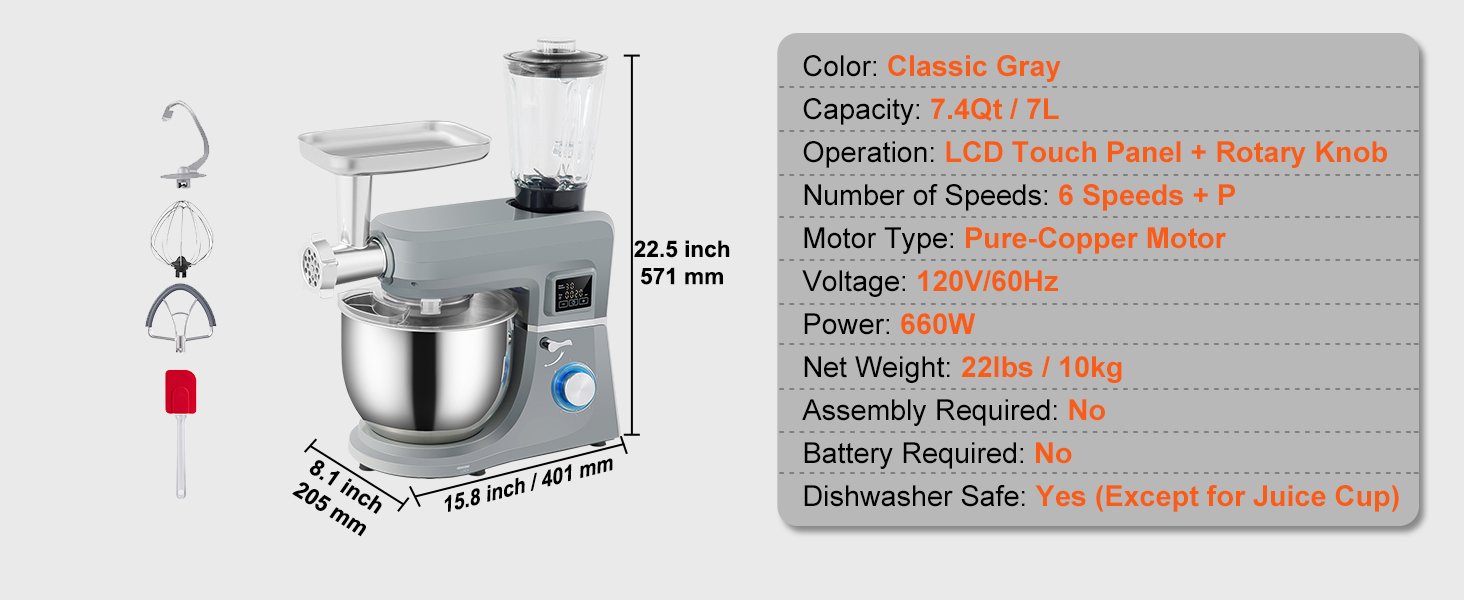 SucceBuy 5 IN 1 Stand Mixer Tilt-Head Multifunctional Electric w/ 6 Speeds LCD Screen Timing 7.4 Qt Stainless Bowl Dough Hook