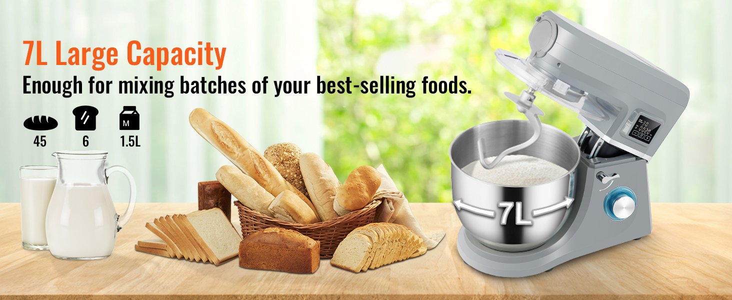 SucceBuy 5 IN 1 Stand Mixer Tilt-Head Multifunctional Electric w/ 6 Speeds LCD Screen Timing 7.4 Qt Stainless Bowl Dough Hook