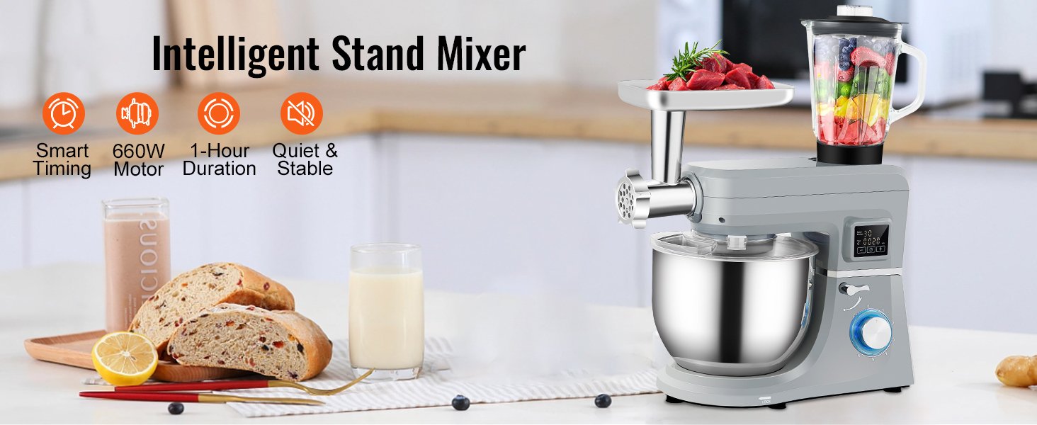 SucceBuy 5 IN 1 Stand Mixer Tilt-Head Multifunctional Electric w/ 6 Speeds LCD Screen Timing 7.4 Qt Stainless Bowl Dough Hook