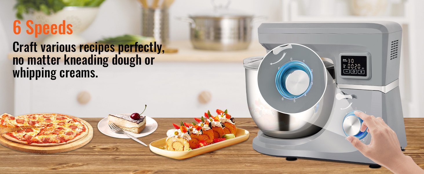 SucceBuy 5 IN 1 Stand Mixer Tilt-Head Multifunctional Electric w/ 6 Speeds LCD Screen Timing 7.4 Qt Stainless Bowl Dough Hook